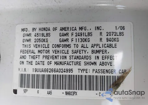 2006 Acura Tl from USA, damaged, VIN 19UUA66266A024995